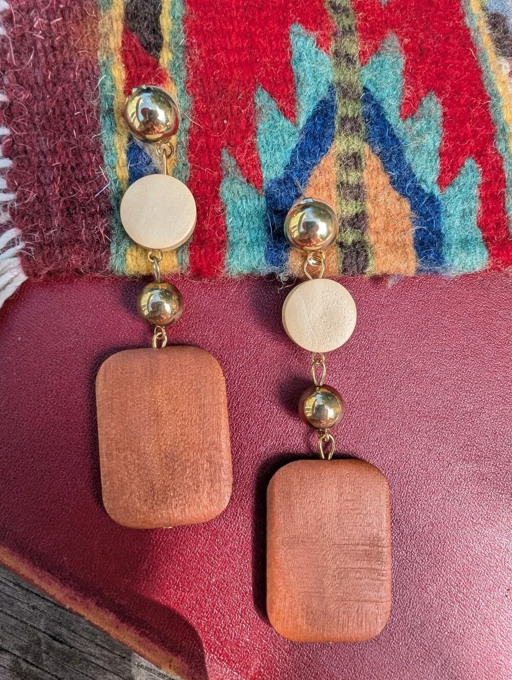 Wood and Gold Drop Earrings - Brown and Gold Chunky Earrings